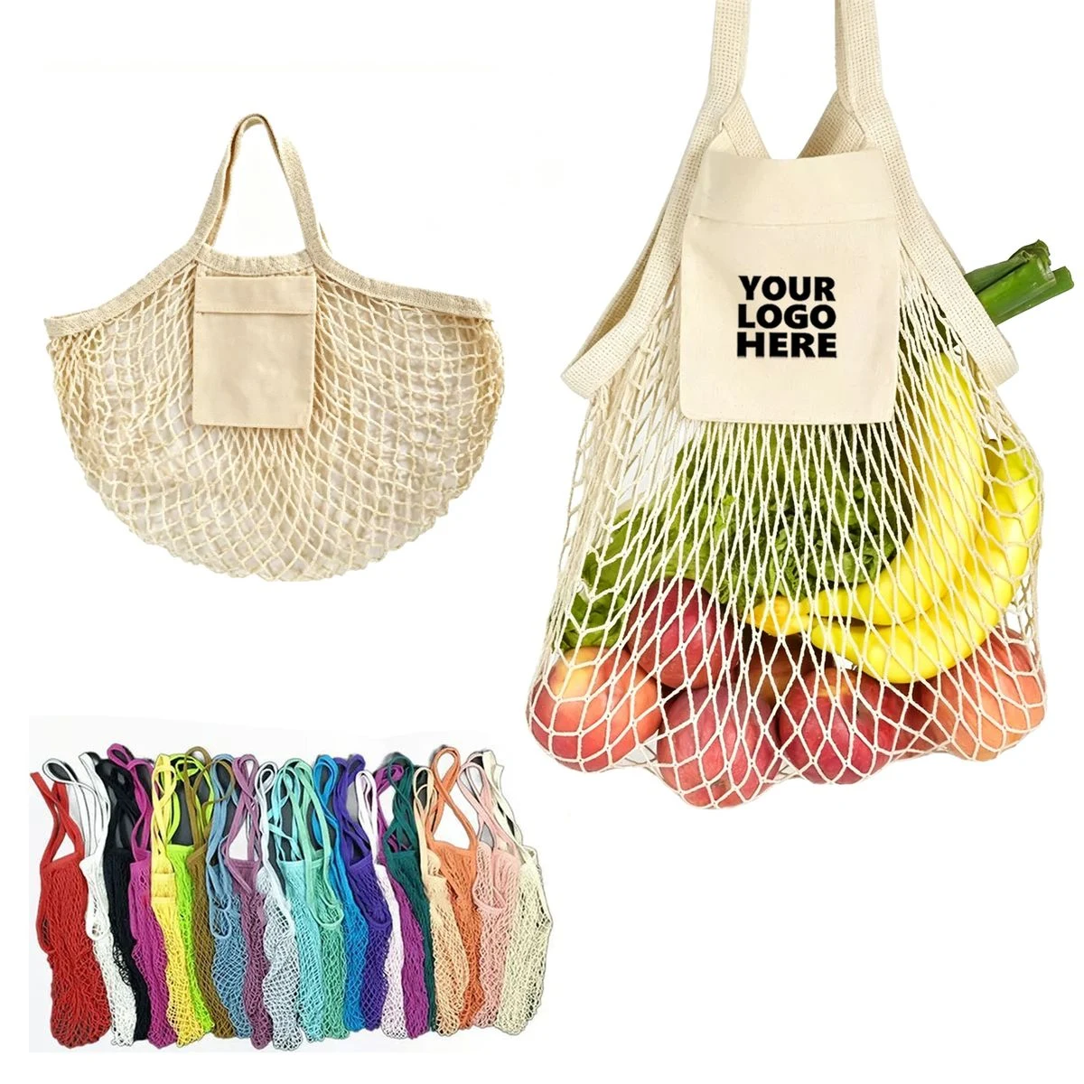 MOQ50 Cotton Mesh Reusable Grocery Carry Bag, custom tote bag with logo imprint 1