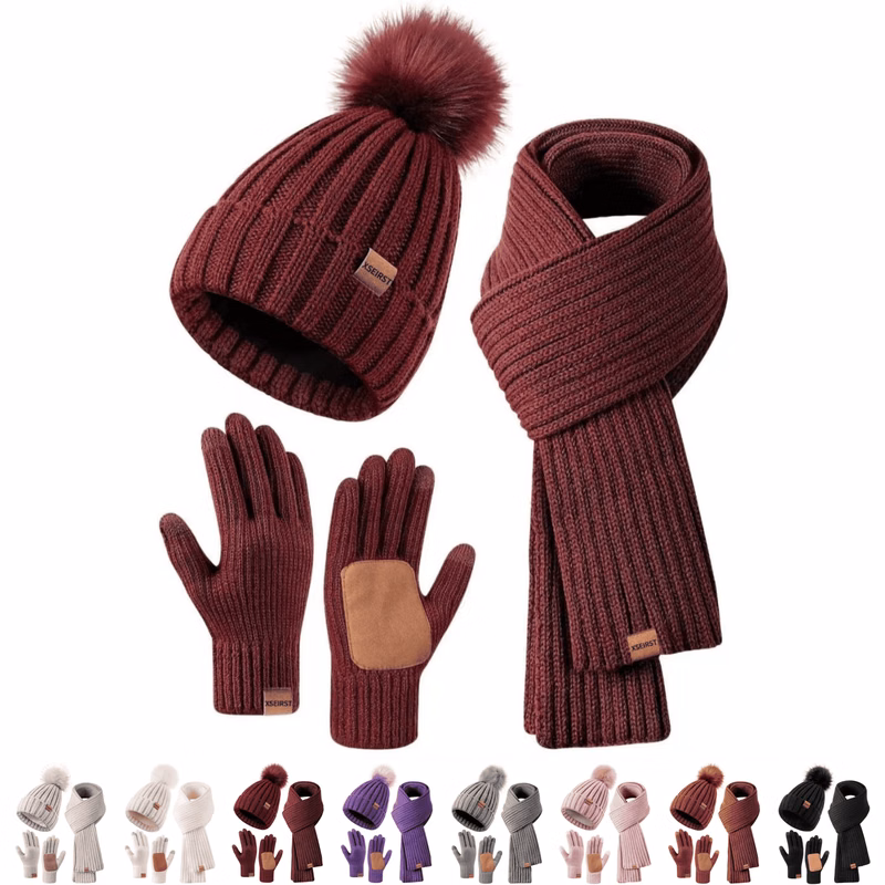 Custom Logo Warm Beanie Scarf And Gloves Set