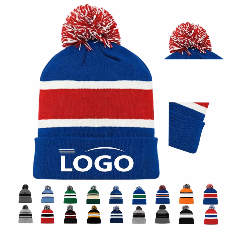 Winter Knitted Pom Beanie Hat With Cuff