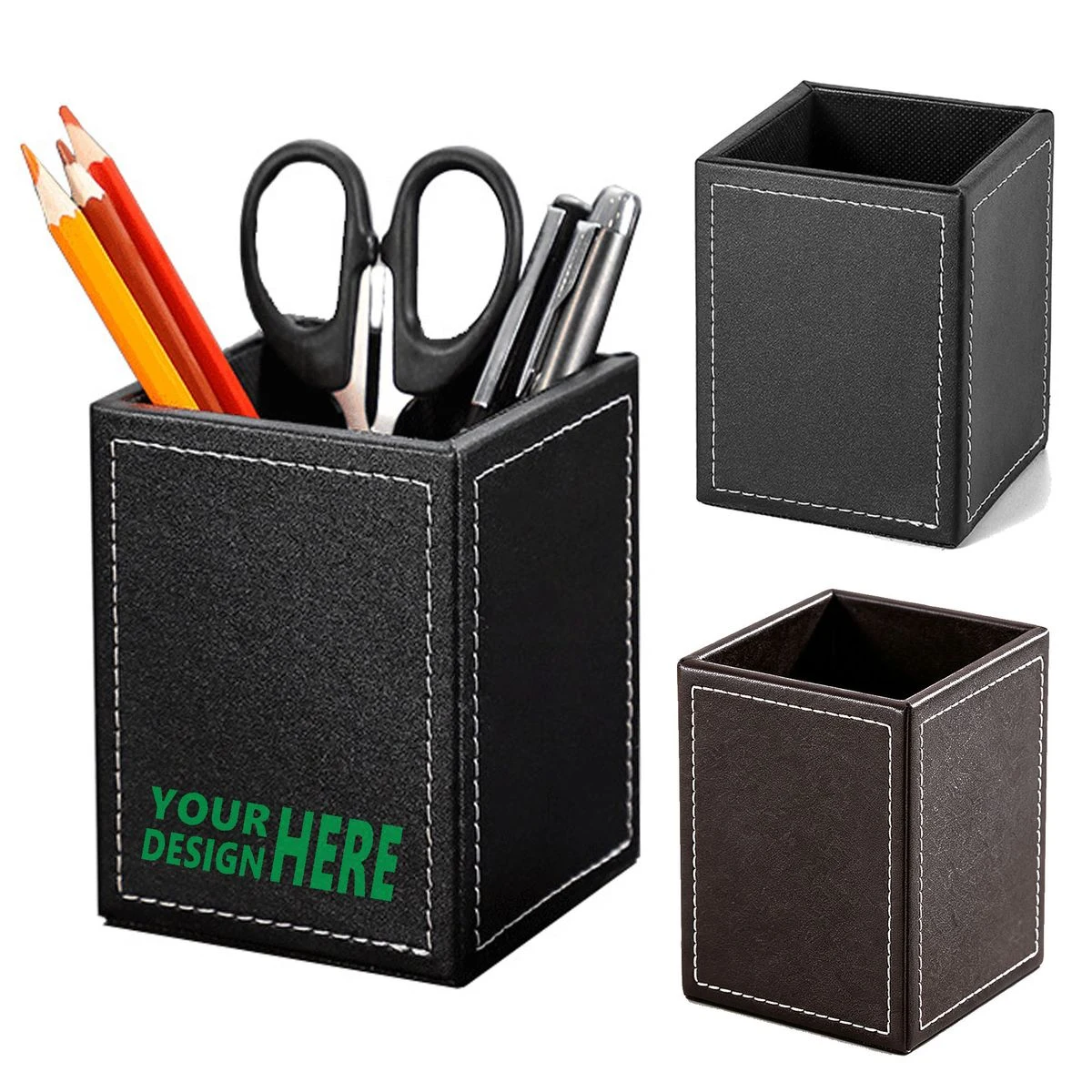 Square Leather Pen Holder Desktop Stationery Storage Cup 1