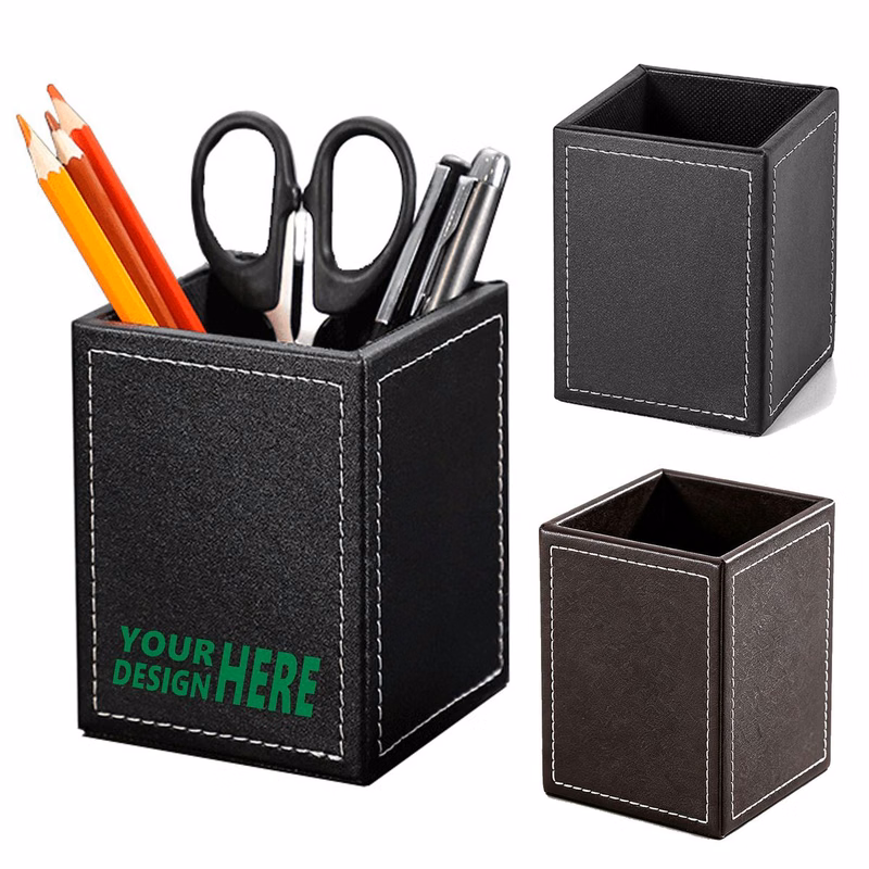 Square Leather Pen Holder Desktop Stationery Storage Cup