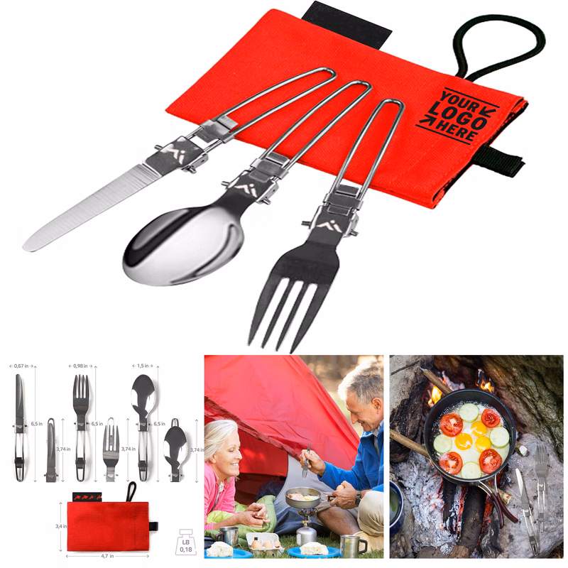 Hiking Foldable Fork Spoon Knife Camping Cutlery Set Metal Utensils With Case
