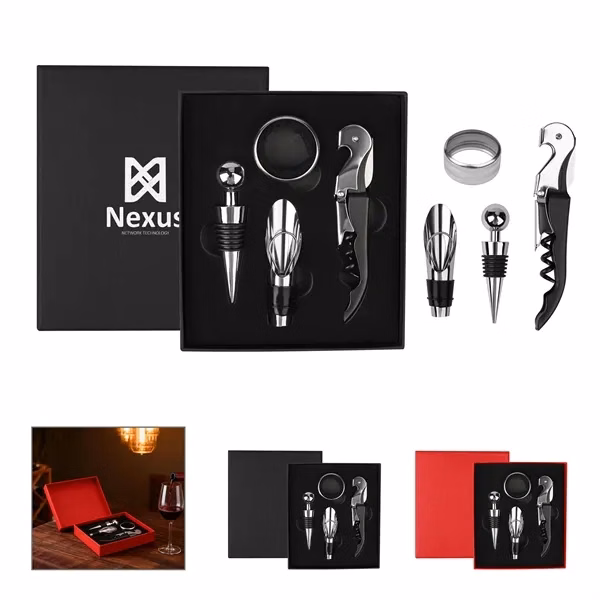 Custom 4-Piece Stainless Steel Wine Opener Set with Gift Box — Premium Bar Accessory