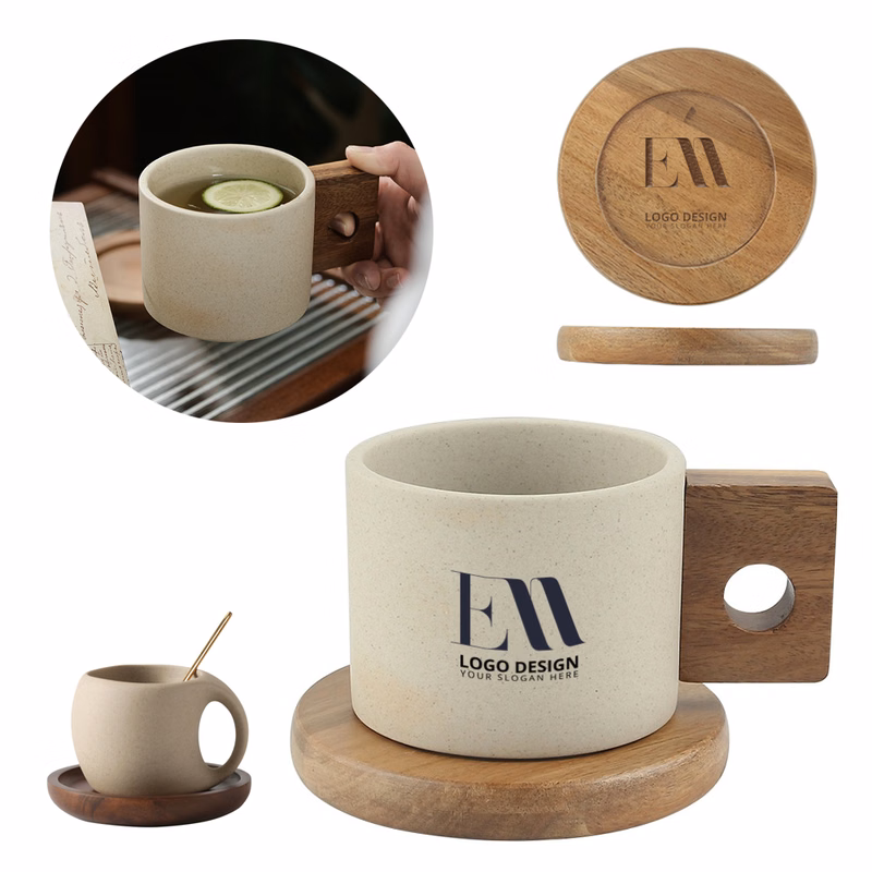 10oz Tea Cup Ceramic Coffee Mug With Wooden Handle Coaster