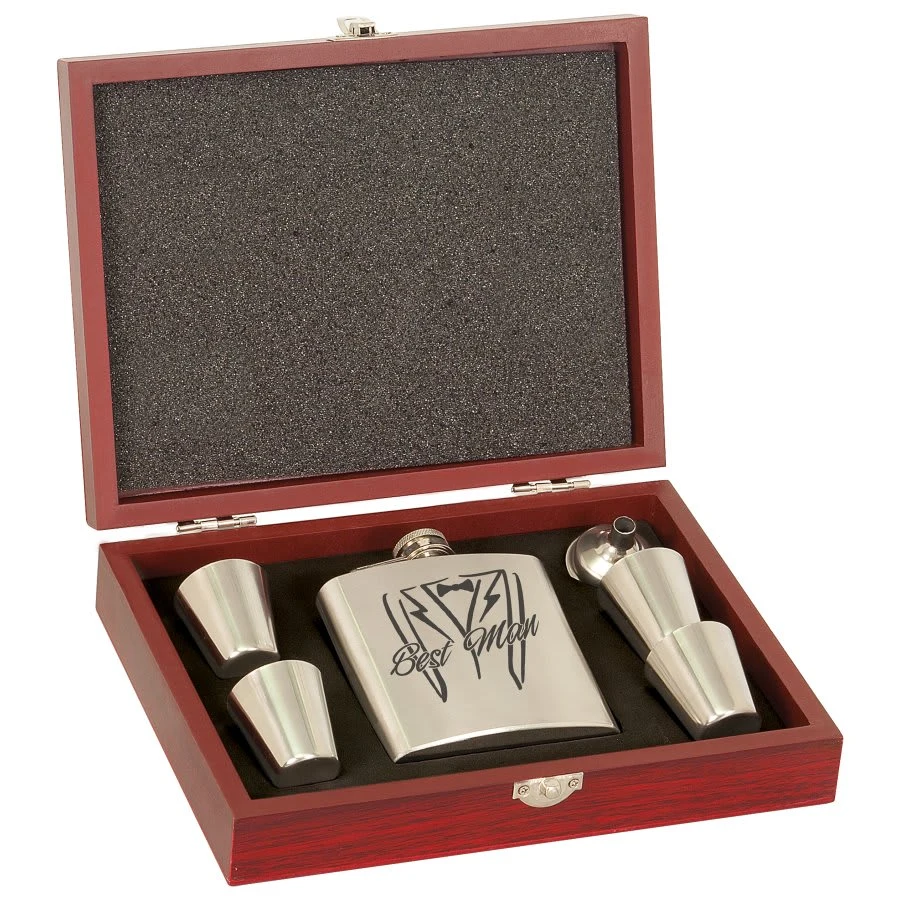 6 oz. Stainless Steel Flask Set in Wood Presentation Box 1