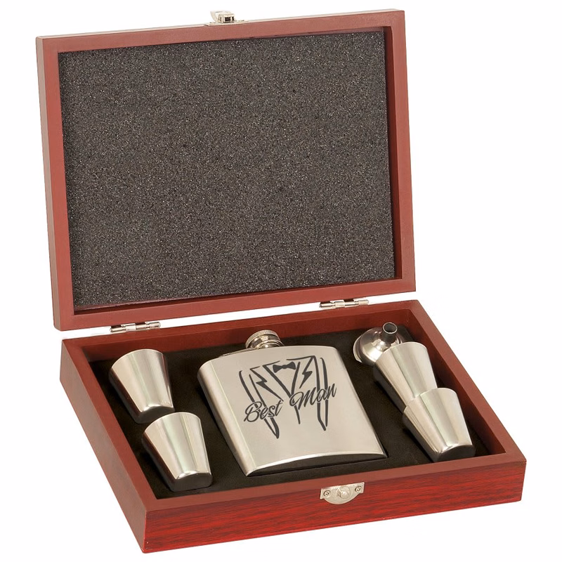 6 oz. Stainless Steel Flask Set in Wood Presentation Box