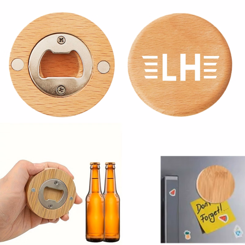 Bamboo Round Magnetic Bottle Opener Coaster Fridge Magnet