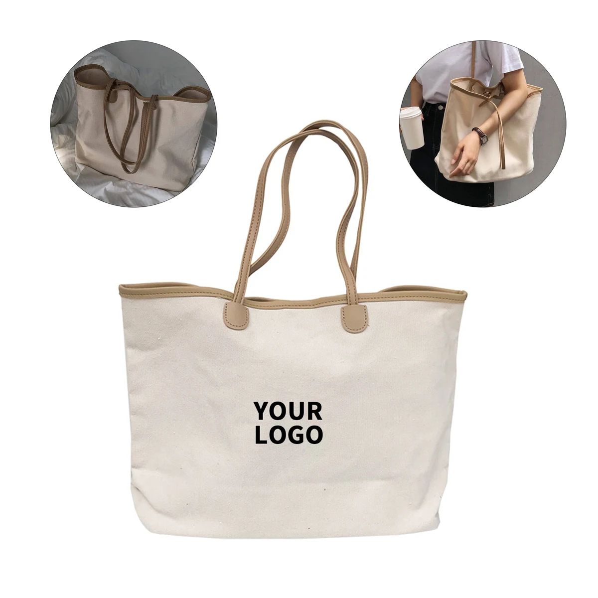 Canvas Shoulder Bag With Leather Handle, custom tote bag with logo imprint 1