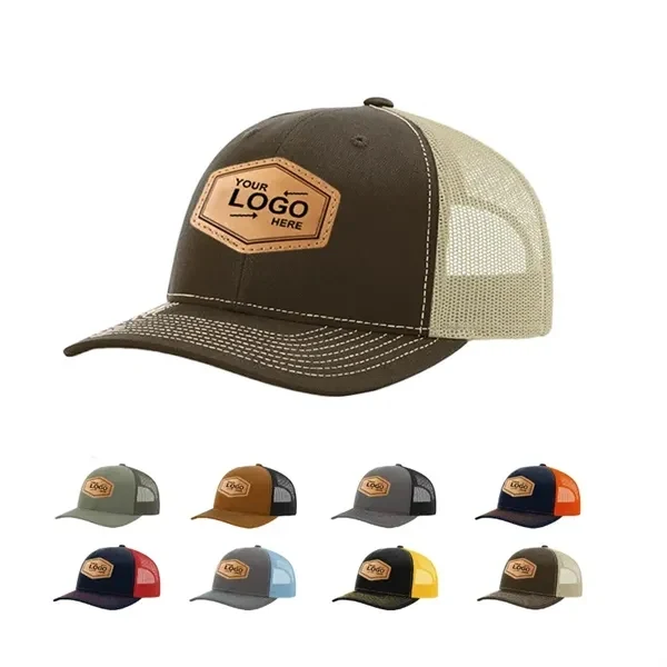 Custom Leather Patch Trucker Hat With Breathable Mesh Back — Adjustable Headwear 1