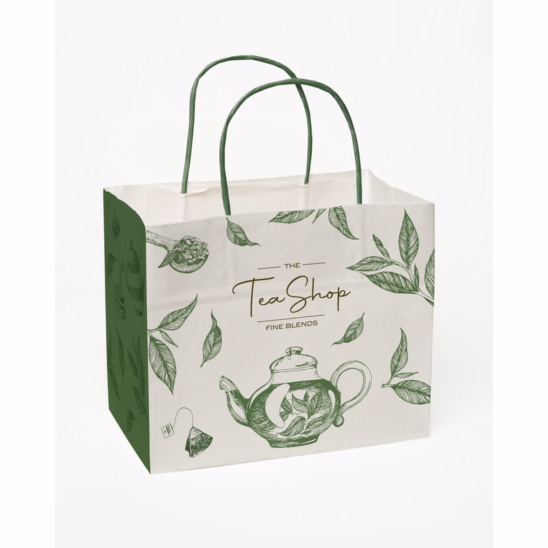Multi-Sided Full Color White Shopper Paper Bag - Green Handle (8.5"x 7.25"x 5")