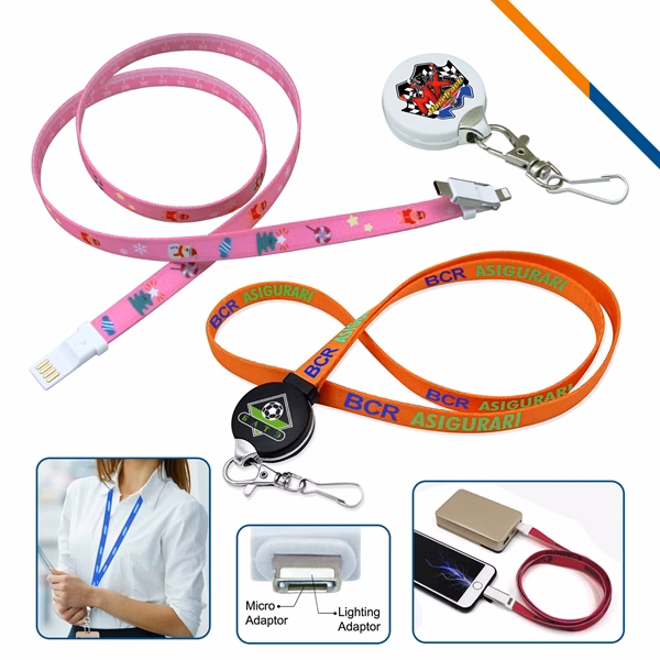 Custom Polyester 2-in-1 Lanyard Charging Cable — Event Badge Holder with Cable