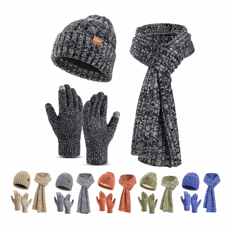 3 In 1 Winter Winter Knit Beanie Hat Scarf Gloves Set
