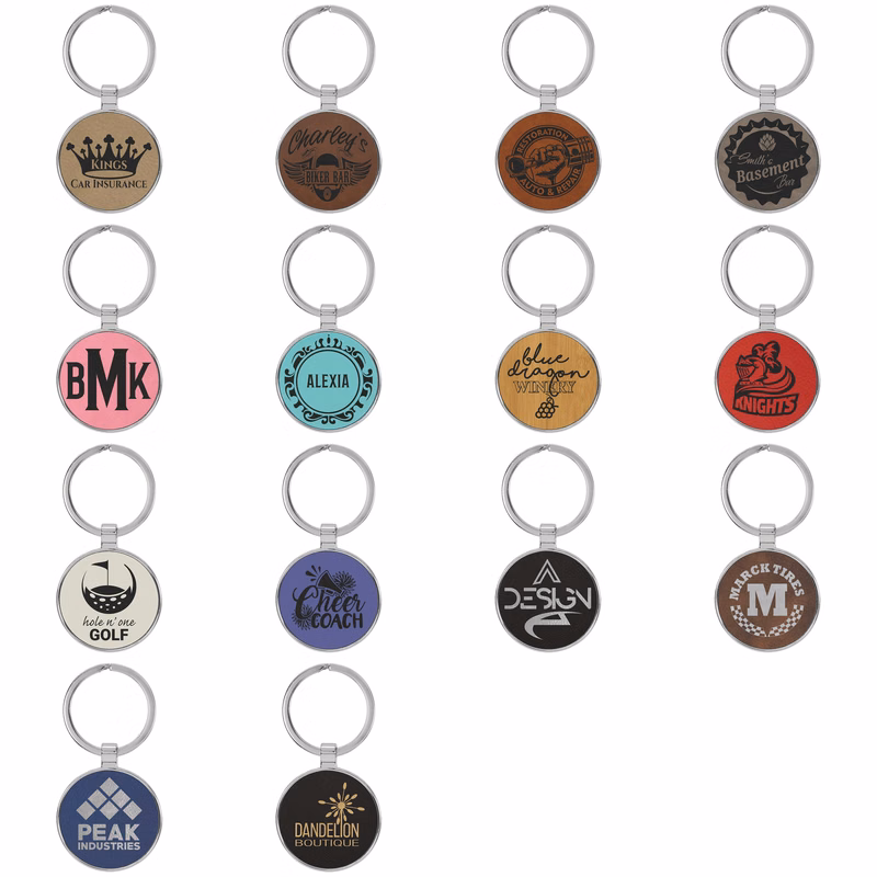 1.5" Round Laserable Leatherette and Metal Keychain