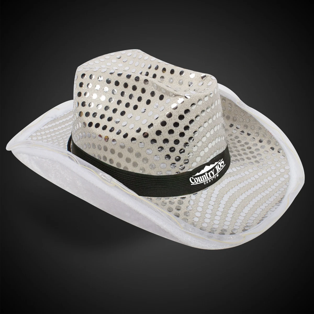 WHITE SEQUIN LED COWBOY HAT(Black Imprinted Band) 1