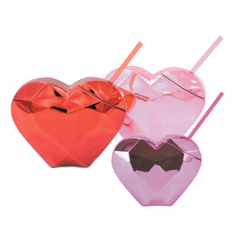 20Oz Plastic Cocktail Heart Shaped Tumbler DiscoBall Cup with Straw and Lid