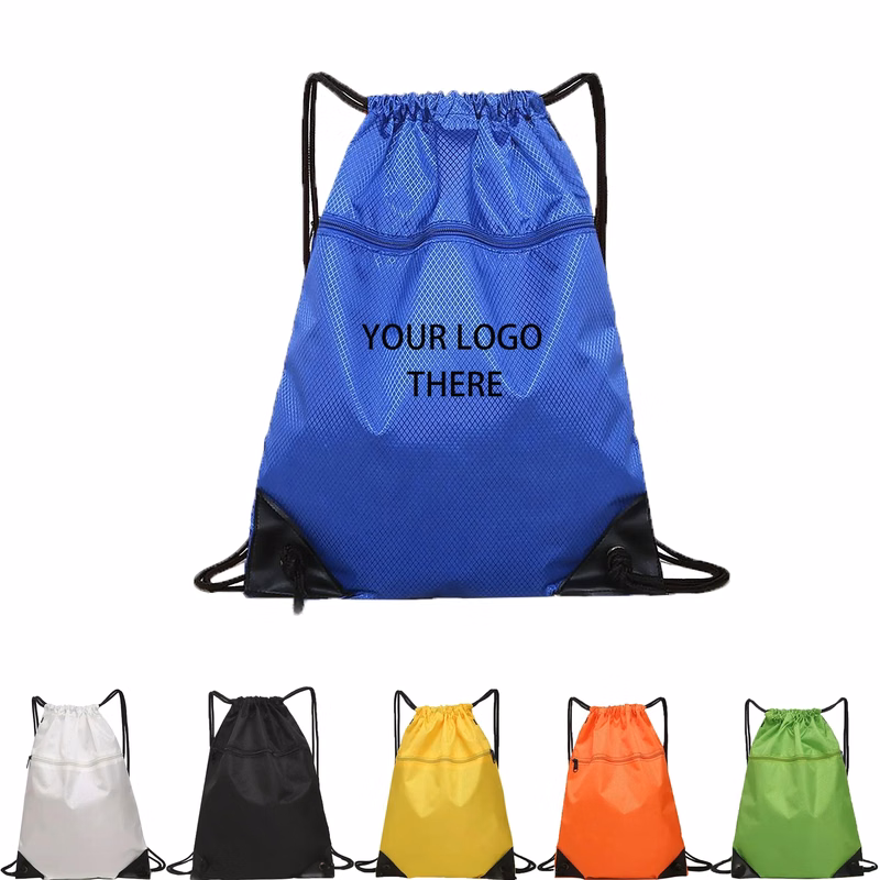 Mesh Pocket Drawstring Backpacks w/Zipper