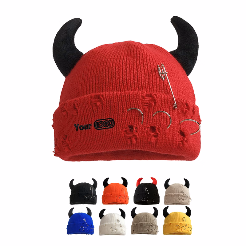 Custom Logo Horned Winter Knitted Hat