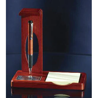 6 3/4" X 6 7/8" Floating Pen Desk Set With Memo Pad In Matte Teakwood Finish With Black Plate 1