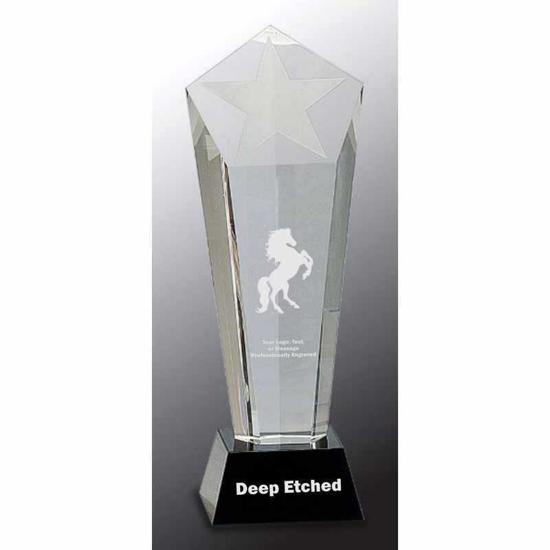 10 1/2" Crystal Frosted Star Column on Black Pedestal Base Crystal Award