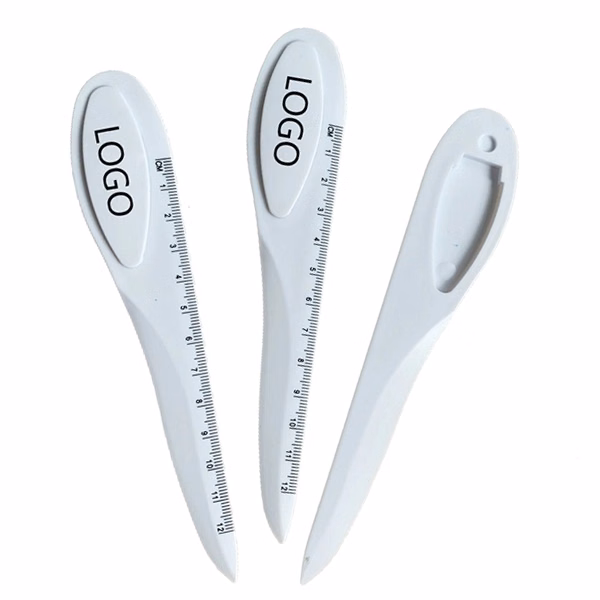 Plastic letter opener with bookmark and ruler