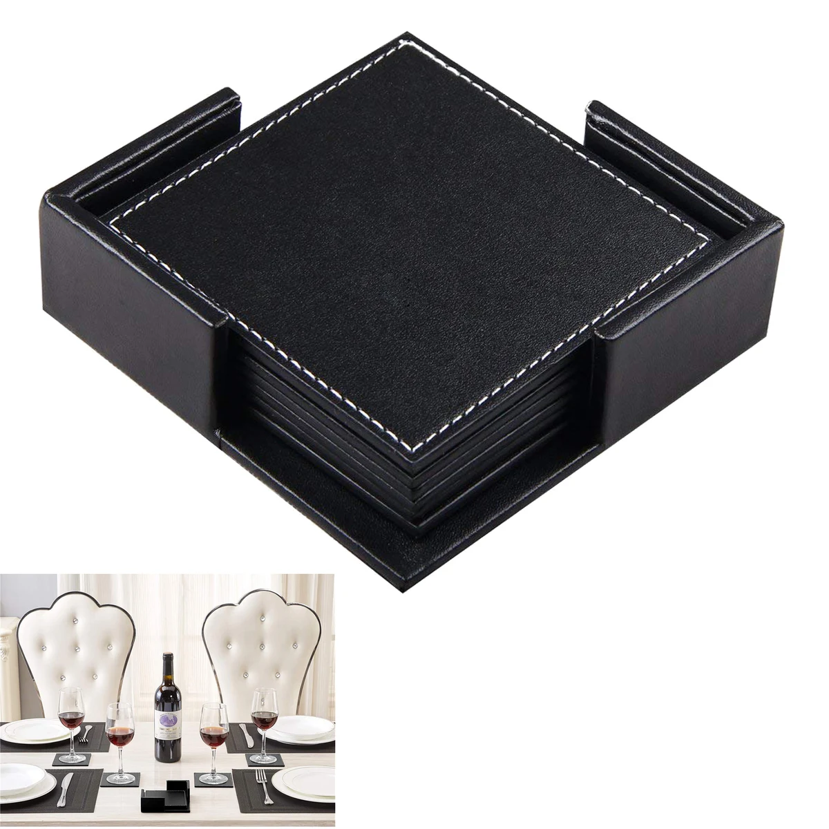 6 Pcs PU Leather Coasters with Holder 1