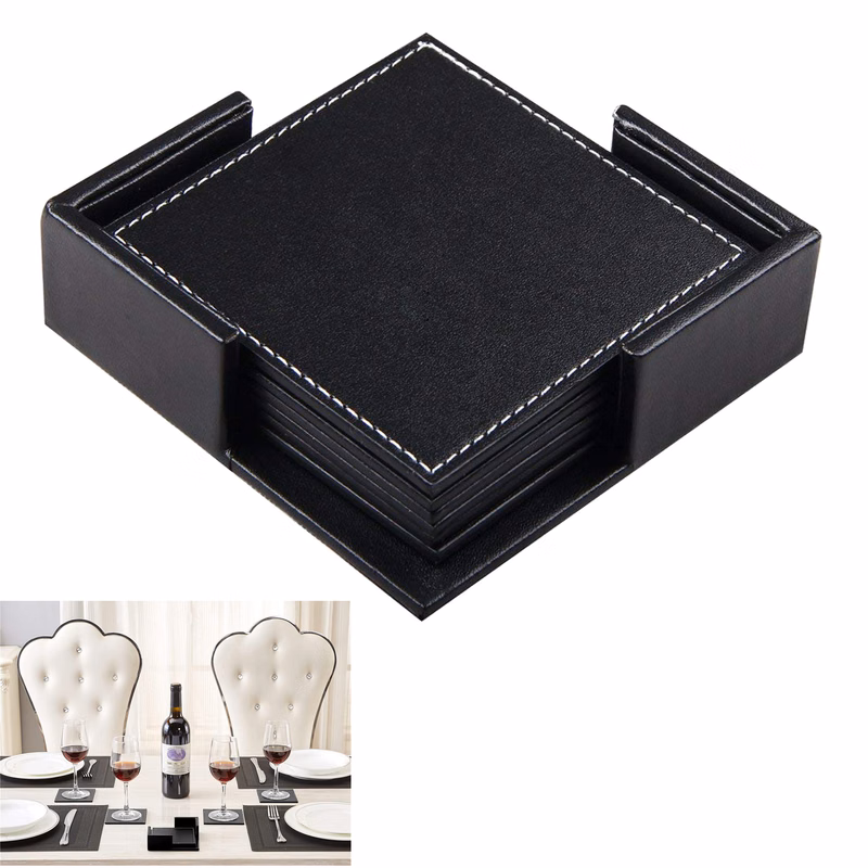 6 Pcs PU Leather Coasters with Holder