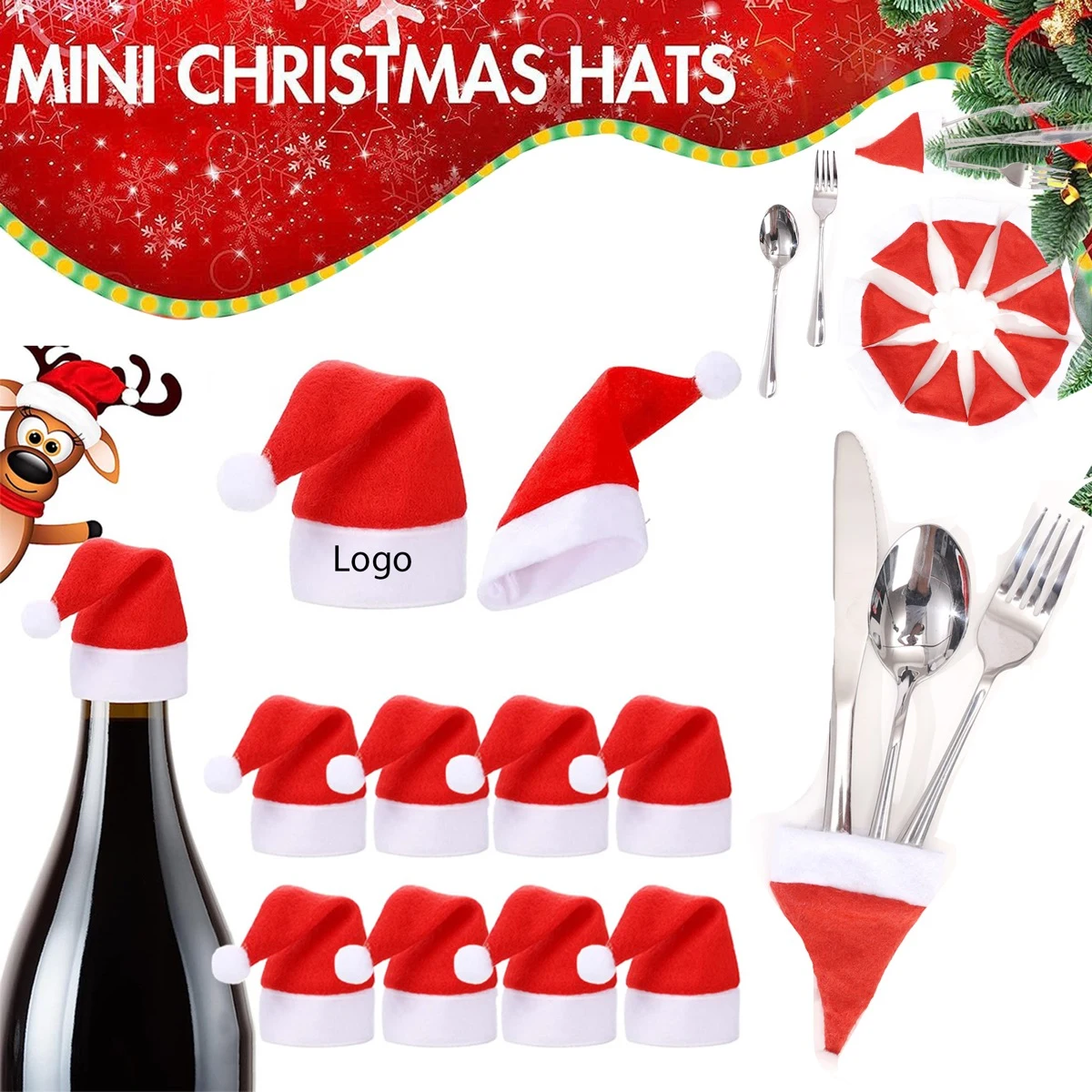 Christmas Wine Bottle Decoration Santa Hat Knife Fork Holder 1
