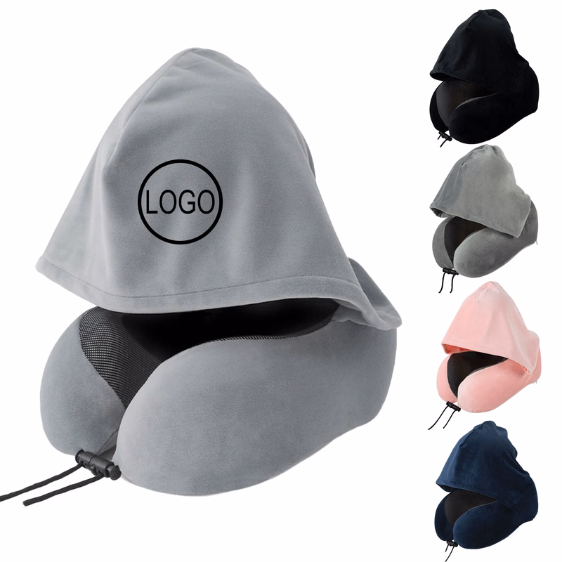 Custom Logo Hooded U Shape Neck Pillow With Carry Bag