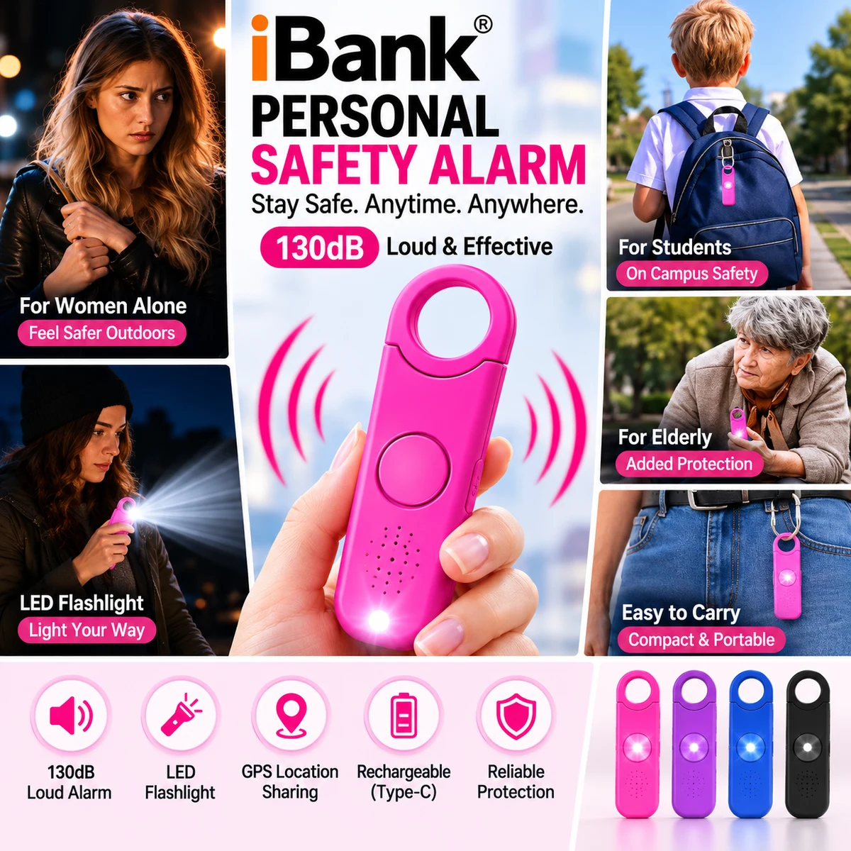iBank ® Self Defense Alarm Keychain with SOS LED Light 1