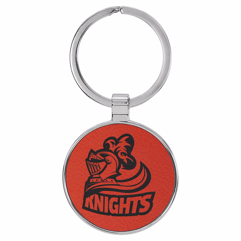 1 1/2" Leatherette/Metal Red Round Keychain