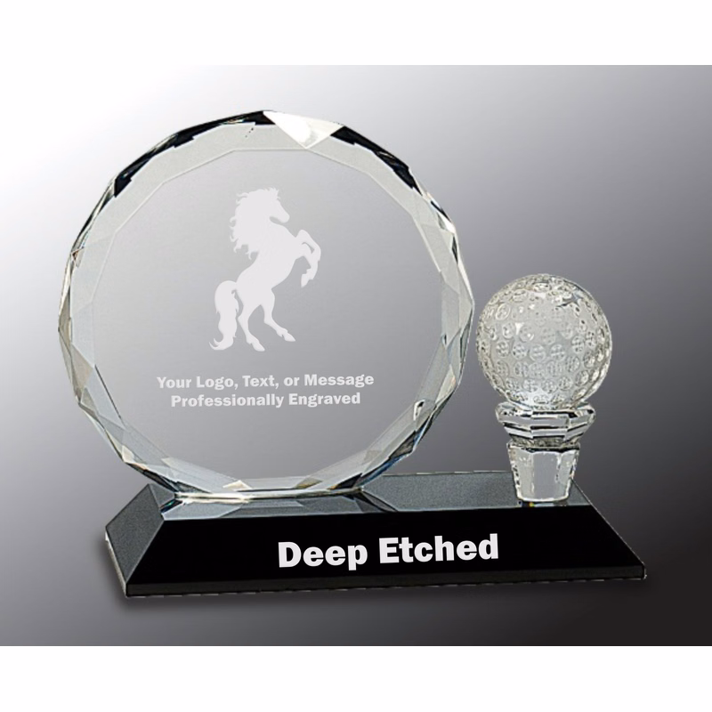 5 1/2" Round Facet Crystal with Golf Ball on Black Pedestal Base Crystal Award