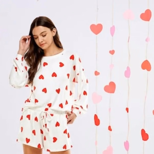 White and Red Heart Print Pajama Set for Women