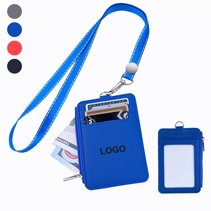 Lanyard PU Leather ID Badge Card Holder With Zippered Pocket
