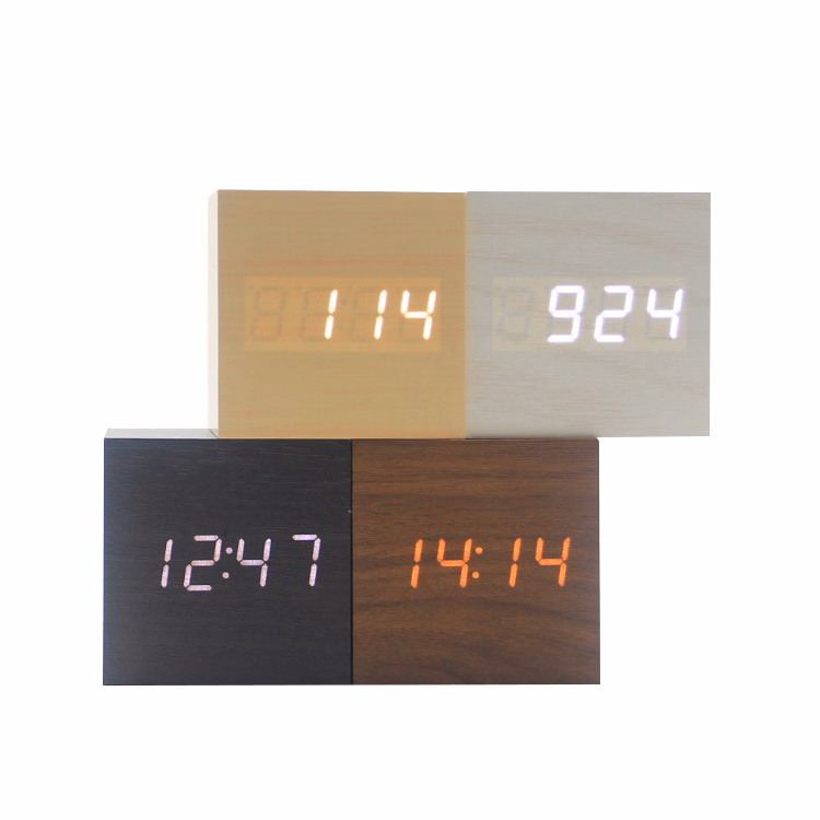 LED Light Wooden Cube Alarm Clock With USB