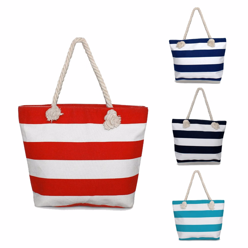 Cotton Cord Canvas Striped Handbag.