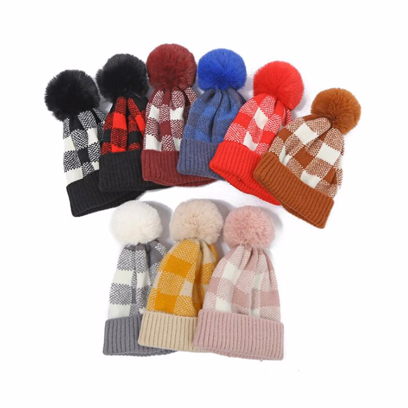 Plaid Beanie With Pompom