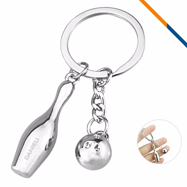 Custom Bowling Pin & Ball Keychain Set — Chrome-Finish Game Event Promo