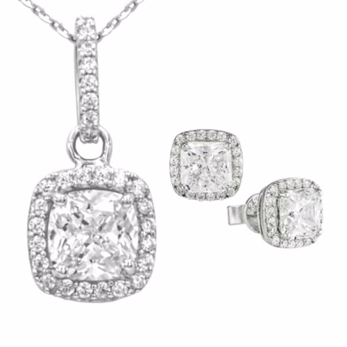 Antwerp Beautiful Sterling Silver CZ Cushion Halo Earrings and Necklace Set