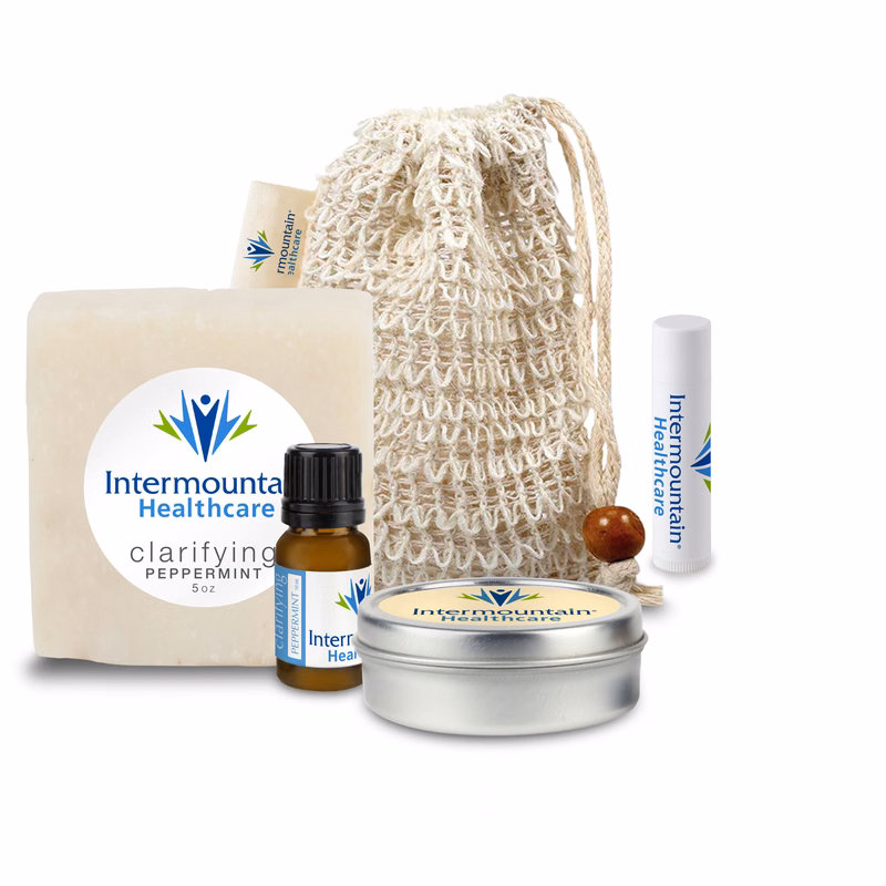Loofah Bag with Soap, Essential Oil, Candle Tin, and Lip Balm