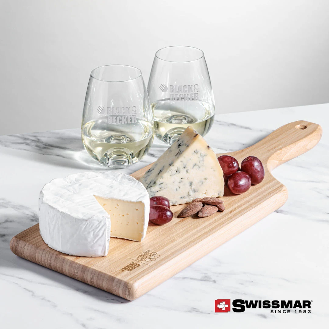 Swissmar® Bamboo Board & 2 Edderton Stemless Wine 1