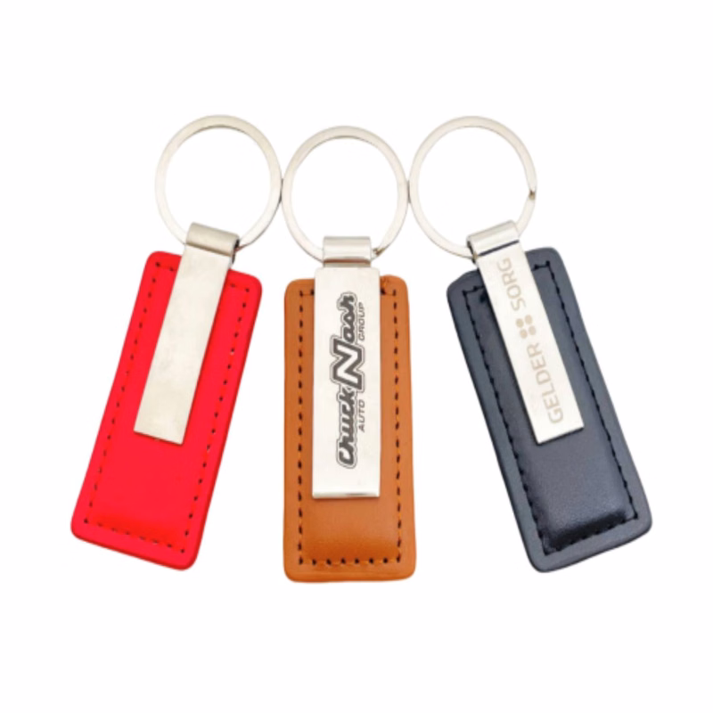 Silver Metal PU Leather Rectangular Keychain
