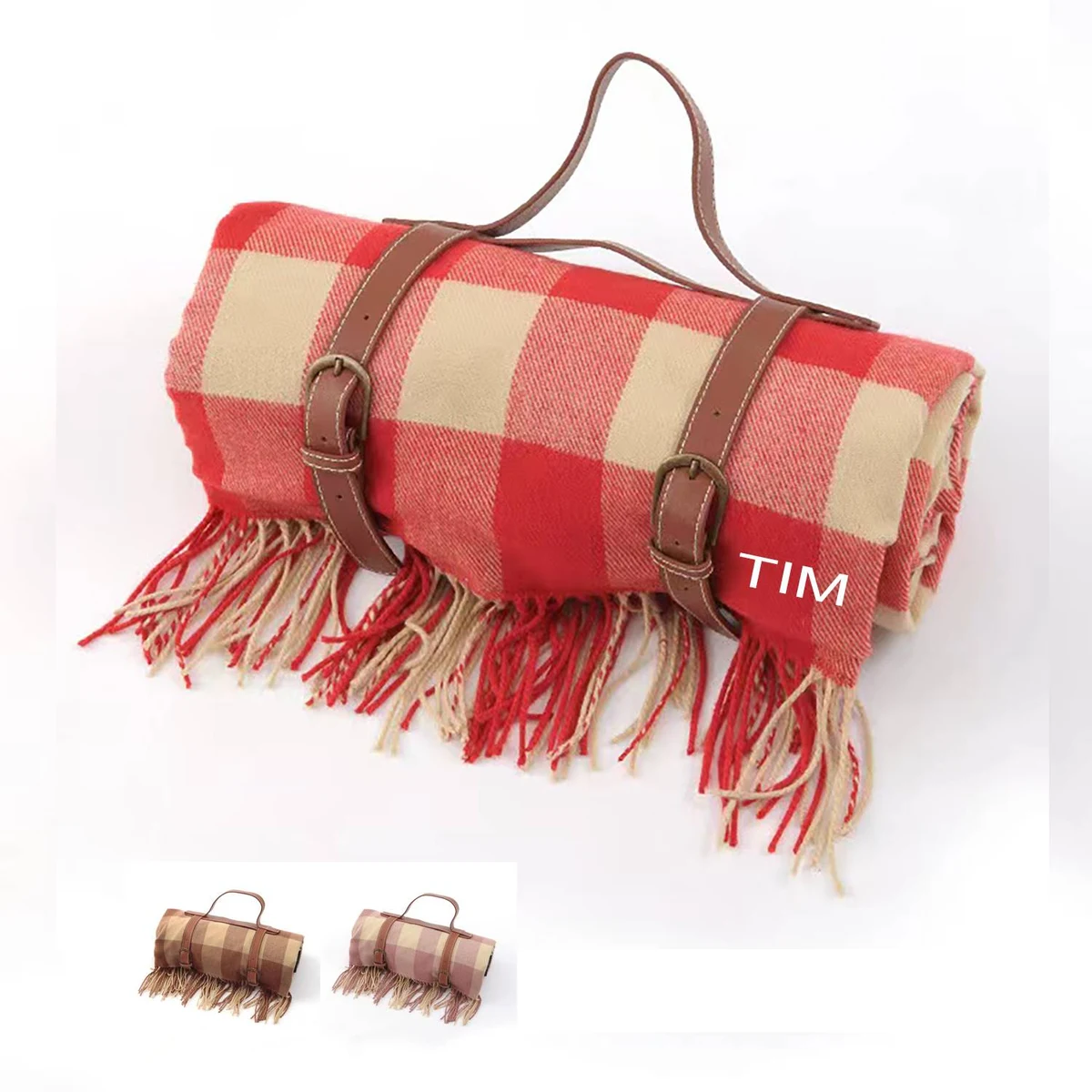 Portable picnic blanket with leather handle and tassel 1
