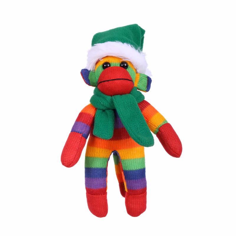 Rainbow Sock Monkey (Plush) with Christmas Hat and Scarf