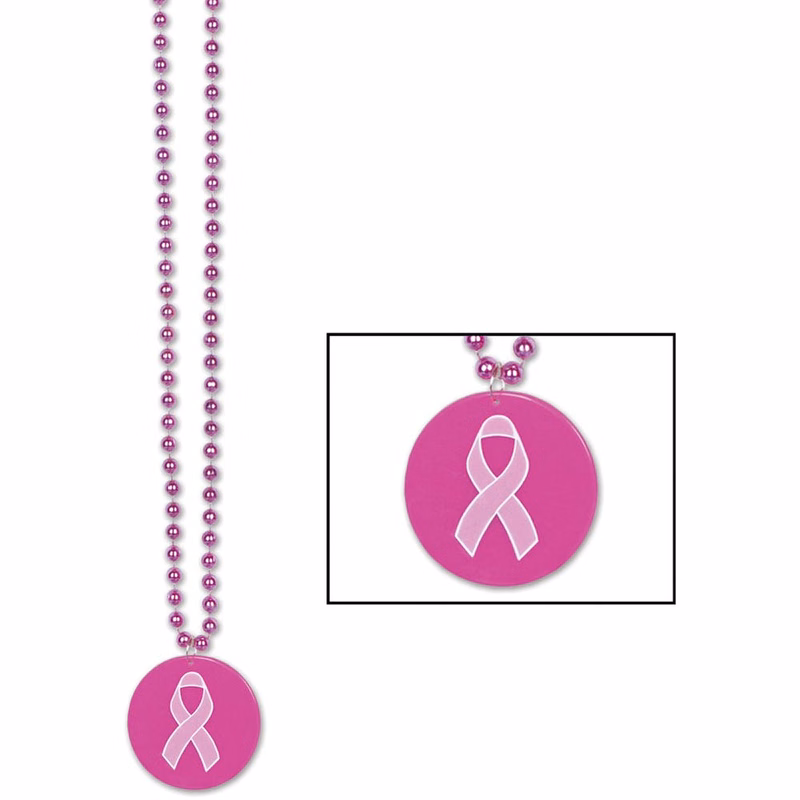 Pink Ribbon Breast Cancer Awareness Beaded Necklaces - 33"