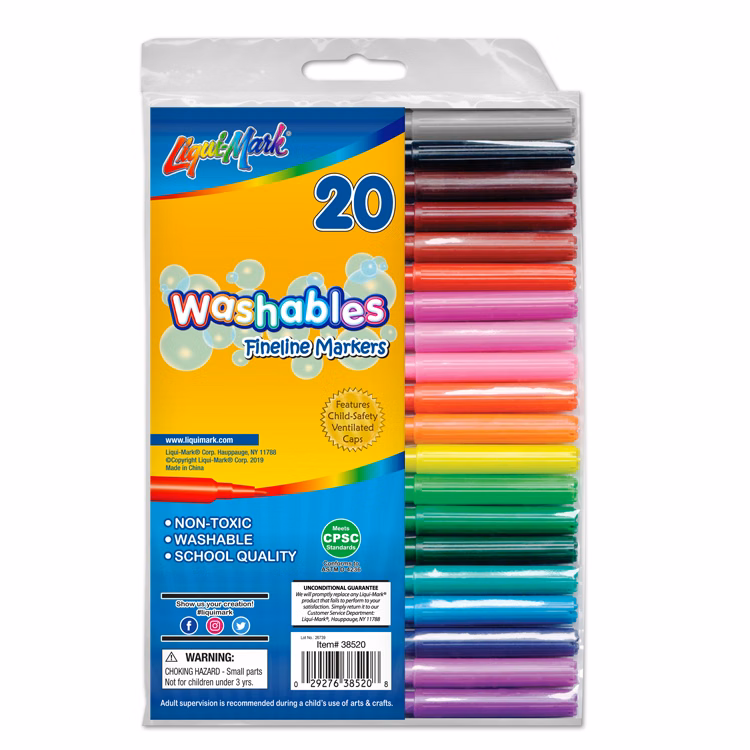 20 Pack Washable Fineline Markers - Pouch Set - Assorted Colors
