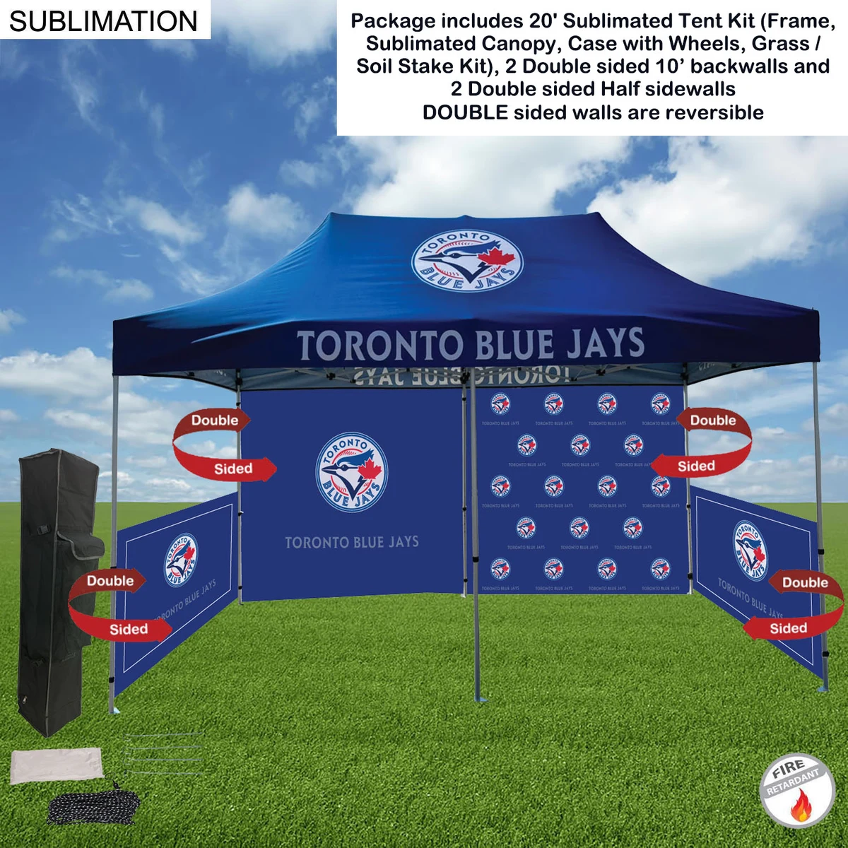 Full Tent Package 1, 20' Sublimated Tent, 2 DOUBLE sided 10' backwalls, 2 DOUBLE side half sidewalls 1