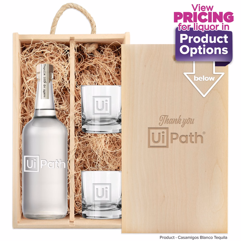 Laser-Engraved Double Wood Box w/Custom Etched Liquor Bottle + Glasses