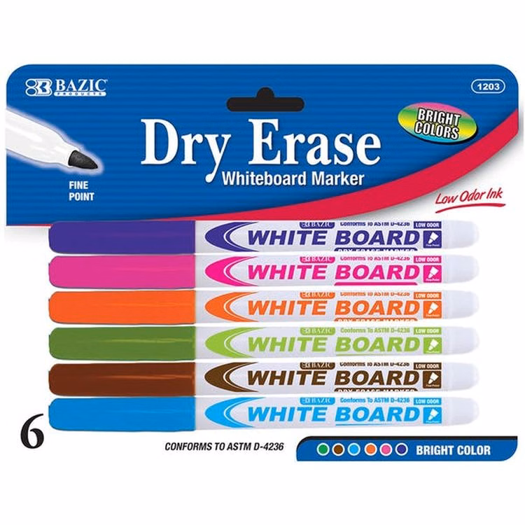 Dry-Erase Markers - Bright Color Fine Tip 6 Pack
