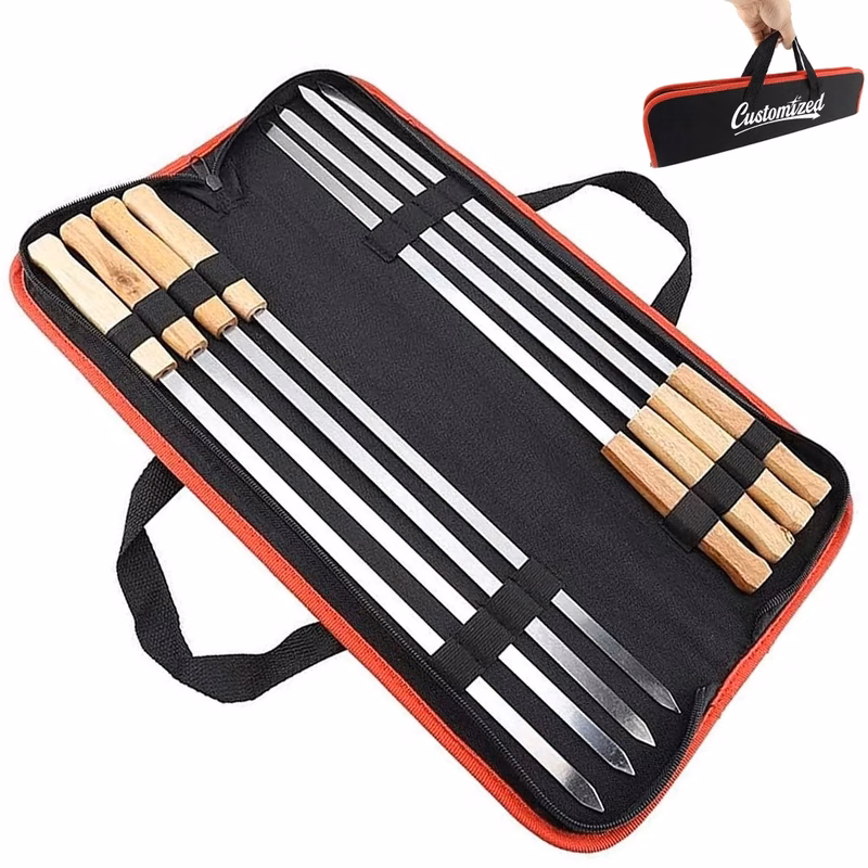 8-Piece Wooden Stainless Steel BBQ Forks Skewers Set w/ Bag