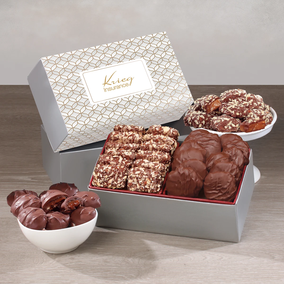 Toffee & Pecan Clusters in Gift Box with Silver & Gold Geometric Sleeve 1
